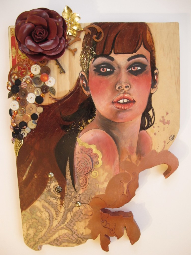 Bronze Ponderance Gouache, stain, oils, ink, pen, spray paint, bronze particles, leather, vintage playing cards, vintage buttons, antique keys, various adornments