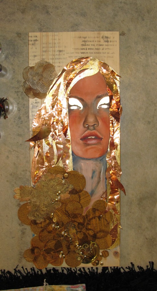 Fusible Gold Gouache & ink on timber, distressed lace, stained vintage material, copper plating, vintage buttons, applique, gold leaf