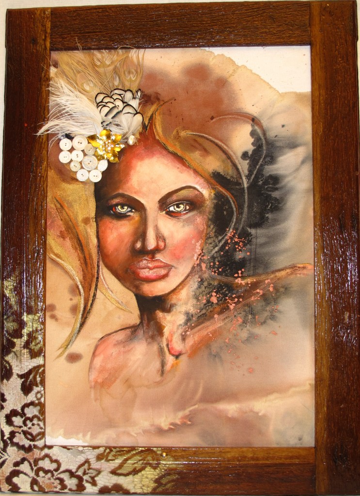 Gilded Gaze Gouache, ink, antique frame, bronze particles, feathers, vintage buttons, brooch  on board 