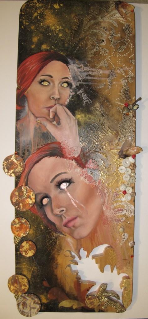 Oils, gouache, gold paint, spray paint, gold dust, leather, glow-mesh, vintage buttons, vintage key, bronze particles, gold leaf on recycled board