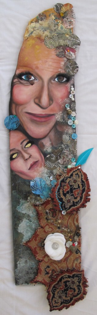 Oil, gouache, ink, pen, oxidised bronze, treated vintage lace, moulding paste, old-distressed carpet-fragments, clockwork, jewellery, various found embellishments, & vintage buttons on recycled wood