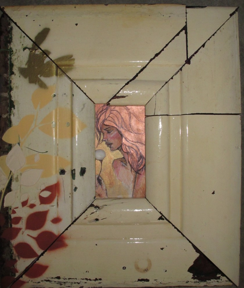 Placid Perusal Gouache, pen on paper, spray paint, found objects