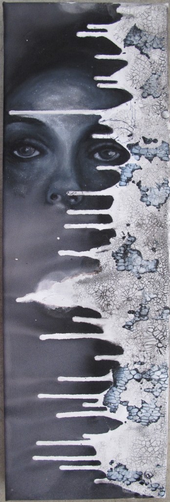 Rendering Evanescent  Ink, gouache, bronze particles, embellishments & appliqué on distressed canvas