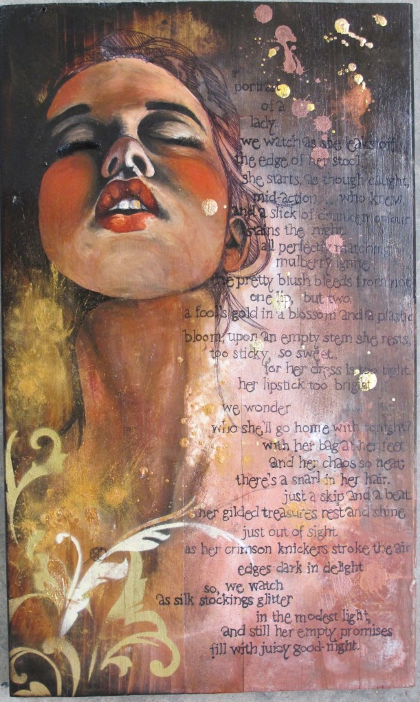 ScorcheDelight Oil, gouache, bronze particles, embellishments & appliqué on burnt, recycled wood
