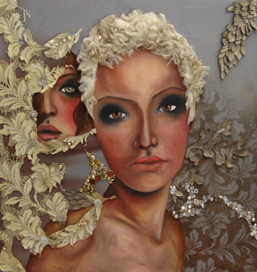 Oils, vintage lace, pearls, spray paint sheep wool, leather, vintage buttons, embellishments on canvas