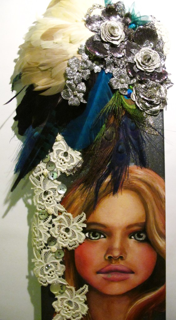 Oil on canvas, spray paint, distressed lace, found objects, applique