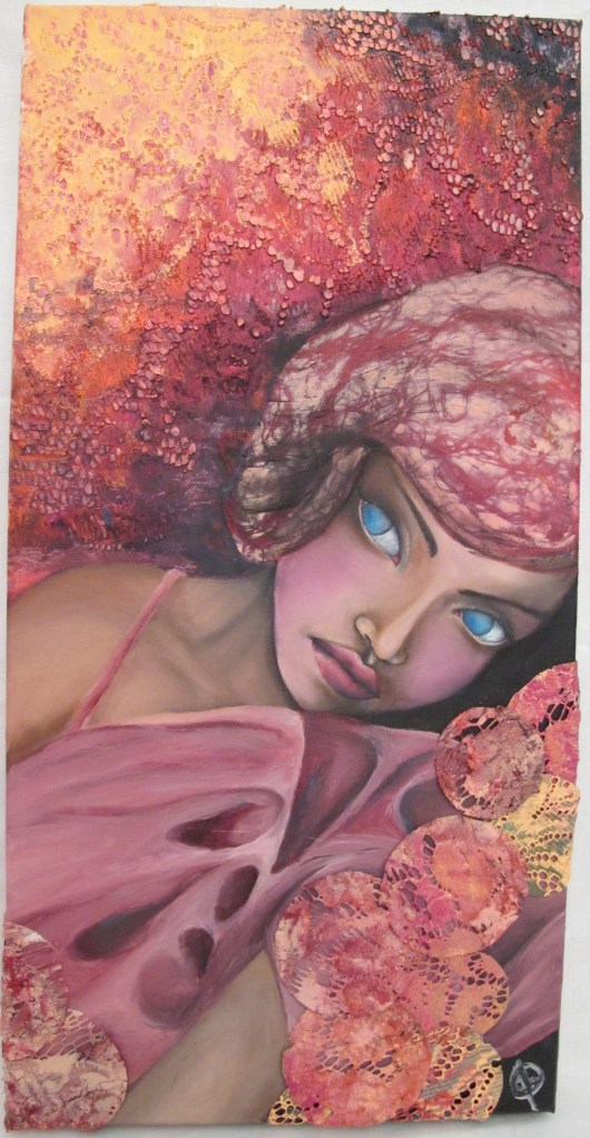 Oils, treated vintage lace on canvas