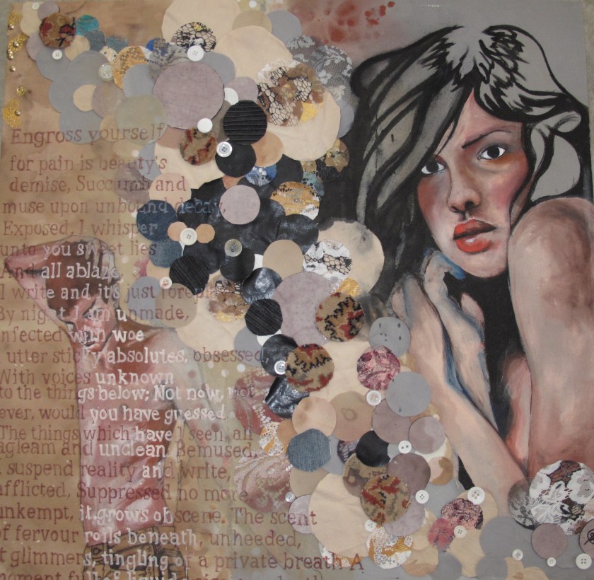 Unfinished Gouache on unprimed canvas, distressed material fragments, leather, vintage buttons, ink, pen