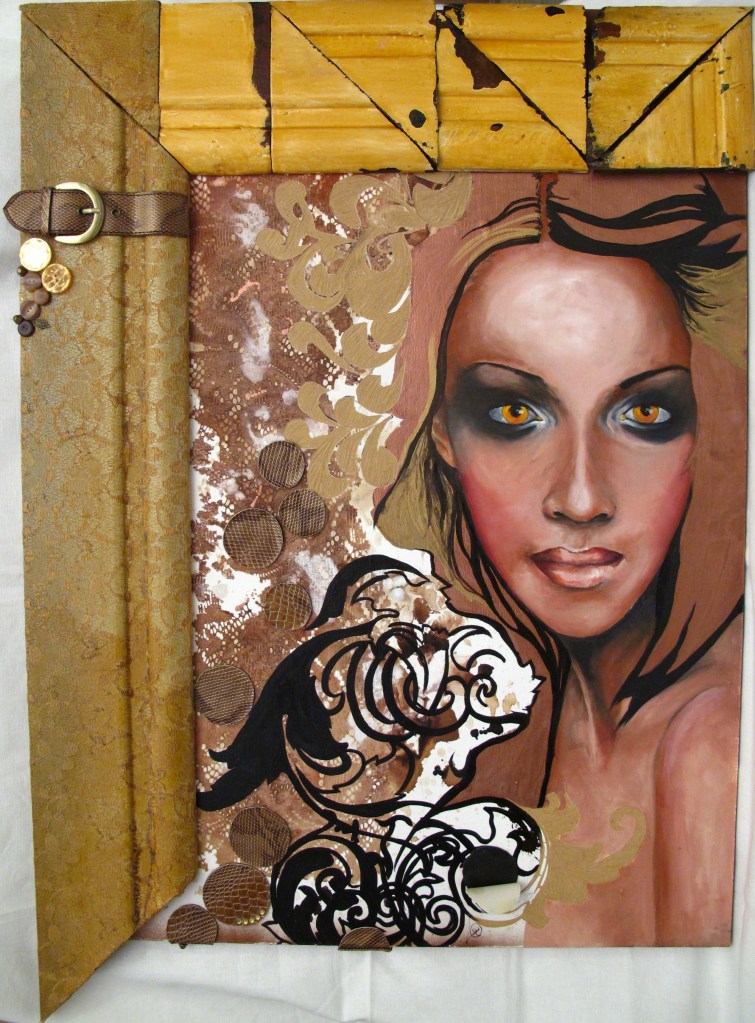 Oil on recycled timber, pen, ink, copper, distressed lace, found objects, vintage buttons, applique
