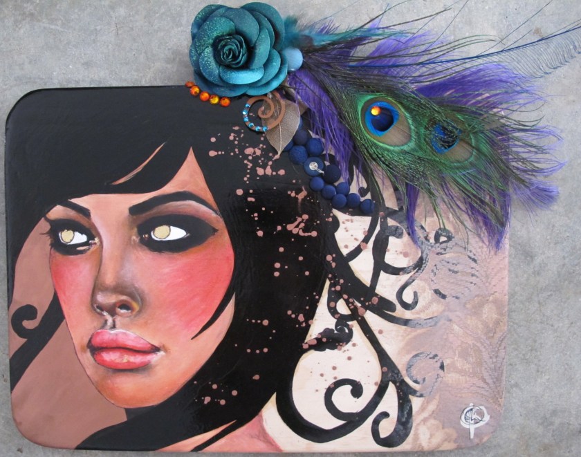 Untitled Gouache, ink, found objects & applique on timber